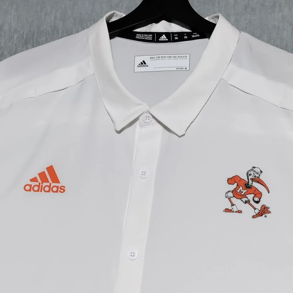Adidas Miami Hurricanes Logo Button Up Shirt‎ Mens 2XL White Short Sleeve NCAA